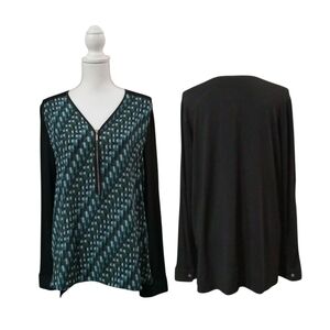 Adrianna Papell Black and Teal Blouse Partial Zip‎ Front Large NWT